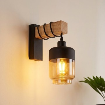 Brilagi - Φωτιστικό τοίχου WOOD GLASS 1xE27/60W/230V πεύκο/μαύρο/καπνιστό καφέ