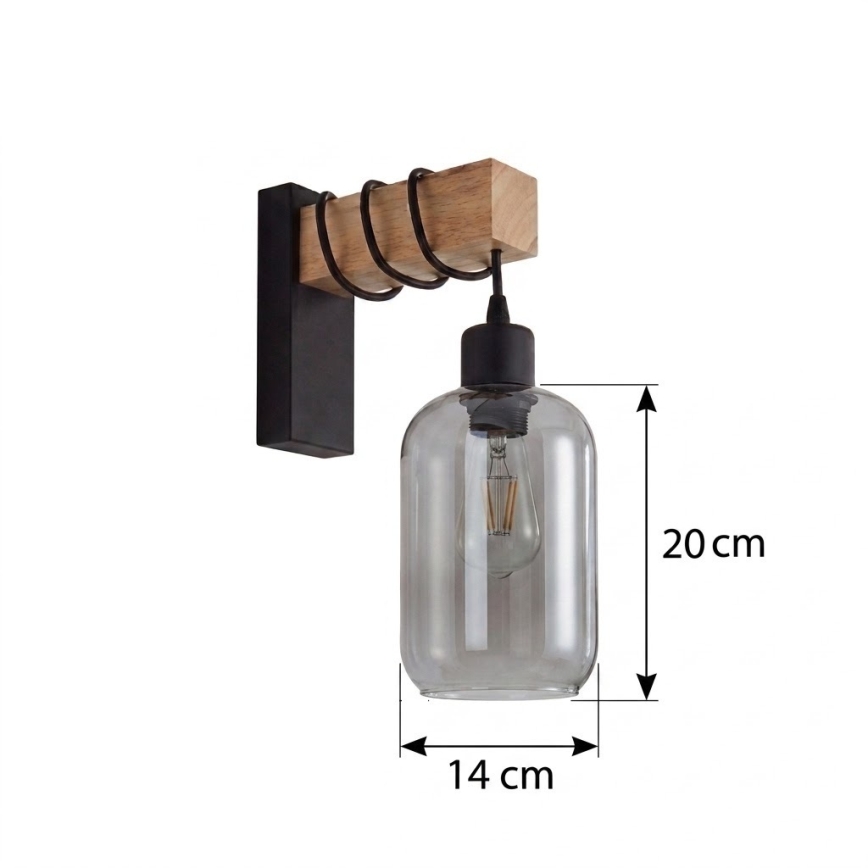 Brilagi - Επιτοίχιο φωτιστικό WOOD GLASS 1xE27/60W/230V πεύκο/μαύρο/καπνιστό γκρι