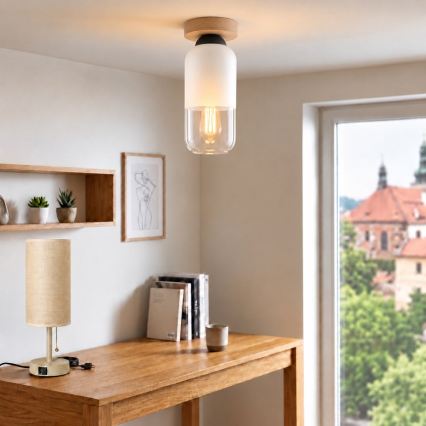 BRILAGI - Φωτιστικό οροφής LED RETRO GLASS 1xE27/60W/230V, διάμετρος 14 cm, δρυς/λευκό