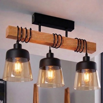 Brilagi - Φωτιστικό οροφής (πλαφονιέρα) WOOD GLASS 3xE27/60W/230V πεύκο/μαύρο/καπνιστό καφέ