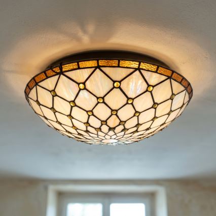 Brilagi - Φωτιστικό οροφής Tiffany με βιτρώ, εκρού, 2xE27/60W/230V, Ø 40 cm
