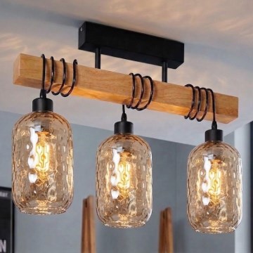 Brilagi - Φωτιστικό οροφής WOOD GLASS 3xE27/60W/230V πεύκο/μαύρο/καπνιστό καφέ