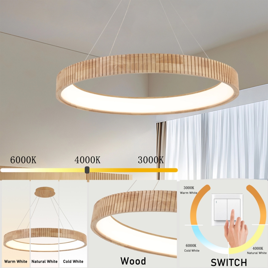 Brilagi - ξύλινο LED κρεμαστό φωτιστικό με καλώδιο FALCON WOOD MODERN LED/60W/230V 3000/4000/6000K Ø 80 εκ.