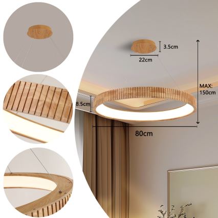 Brilagi - ξύλινο LED κρεμαστό φωτιστικό με καλώδιο FALCON WOOD MODERN LED/60W/230V 3000/4000/6000K Ø 80 εκ.