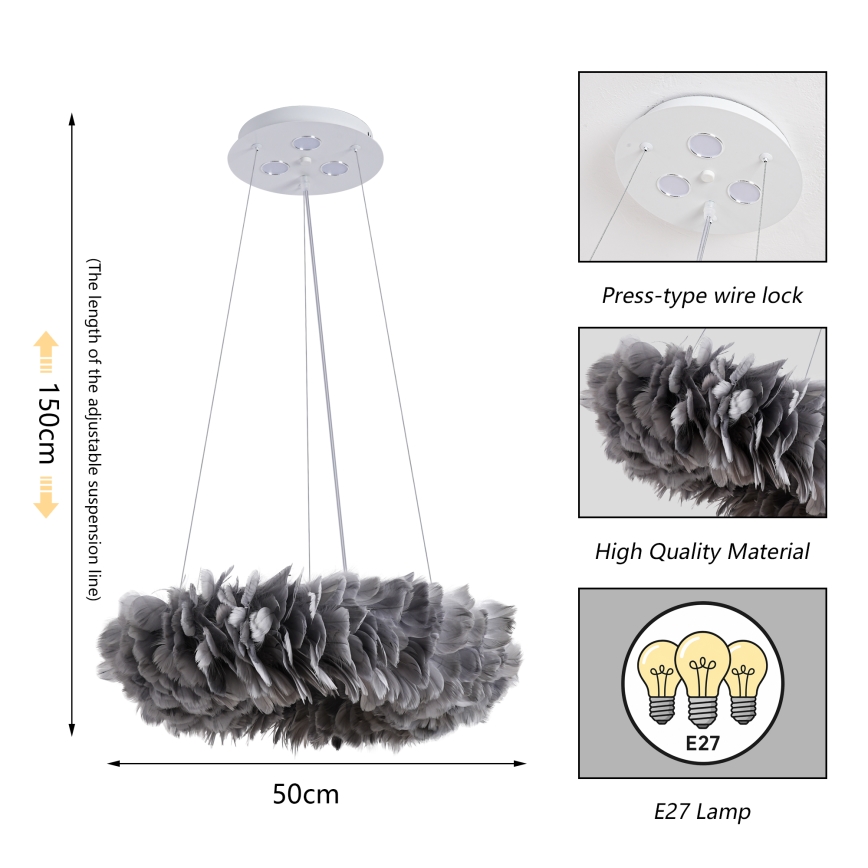 Brilagi - Κρεμαστό φωτιστικό LED σε καλώδιο FEATHER 3xE27/40W/230V + 3xLED/3W Ø 50 cm γκρι