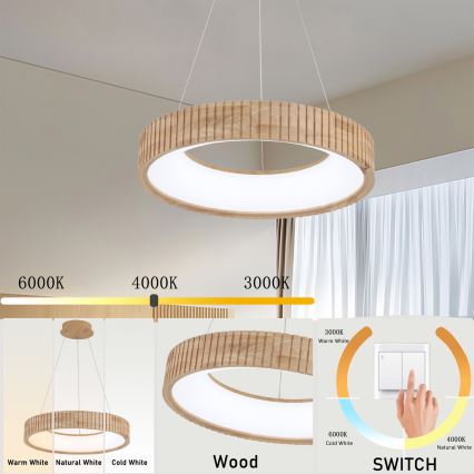 Brilagi - Κρεμαστό φωτιστικό LED με καλώδιο FALCON WOOD MODERN LED/30W/230V 3000/4000/6000K διάμ. 45 cm ξύλινο