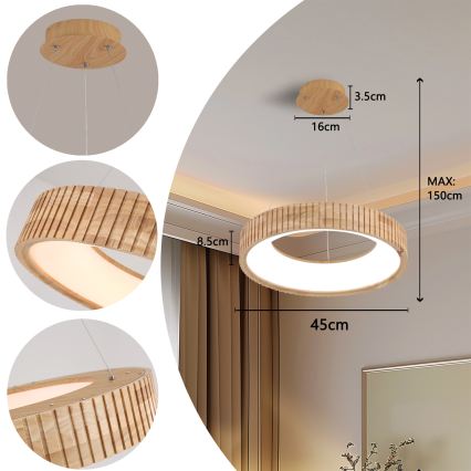 Brilagi - Κρεμαστό φωτιστικό LED με καλώδιο FALCON WOOD MODERN LED/30W/230V 3000/4000/6000K διάμ. 45 cm ξύλινο