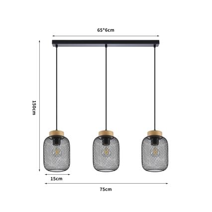 Brilagi - Κρεμαστό φωτιστικό σε καλώδιο BASKLITE 3xE27/15W/230V ξύλο καουτσούκ/μαύρο