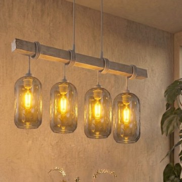 Brilagi - Κρεμαστό φωτιστικό σε καλώδιο WOOD GLASS 4xE27/60W/230V πεύκο/γκρίζο/καπνιστό γκρι