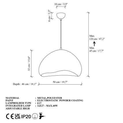 Brilagi - Κρεμαστό φωτιστικό WABI SABI με καλώδιο, 1xE27/40W/230V, Ø 50 cm, λευκό
