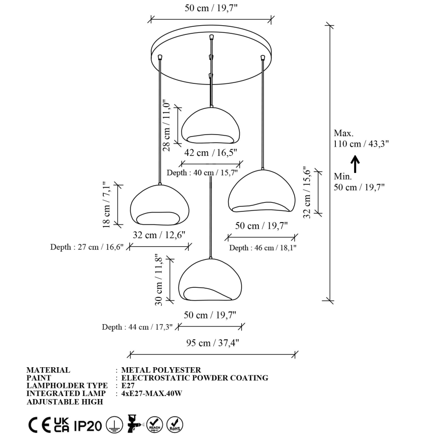 Brilagi - Κρεμαστό φωτιστικό WABI SABI με καλώδιο, 4xE27/40W/230V, Ø 95 cm, λευκό