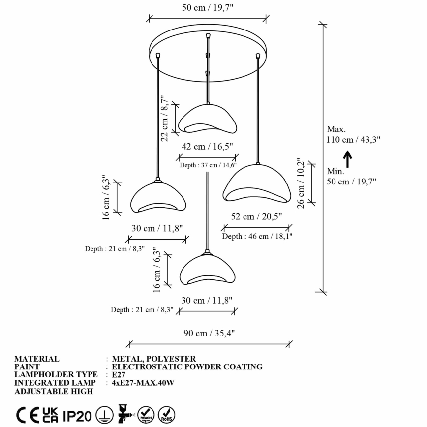 Brilagi - Κρεμαστό φωτιστικό WABI SABI με καλώδιο 4xE27/40W/230V, διάμετρος 90 cm, λευκό