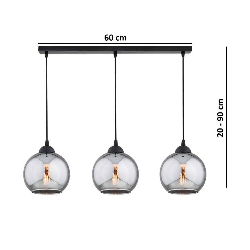 Brilagi - Κρεμαστό φωτιστικό με καλώδιο DIOR 3xE27/60W/230V μαύρο/καπνιστό γκρι