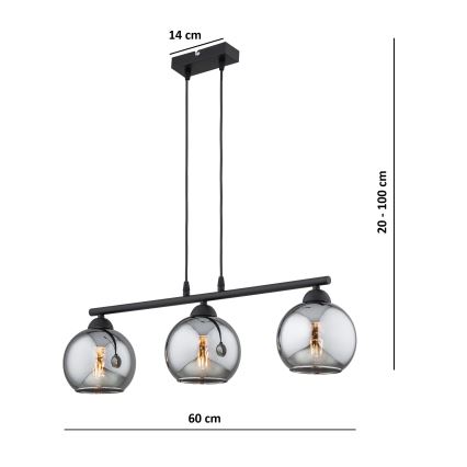 Brilagi - Κρεμαστό φωτιστικό με καλώδιο DIOR 3xE27/60W/230V μαύρο/καπνιστό γκρι
