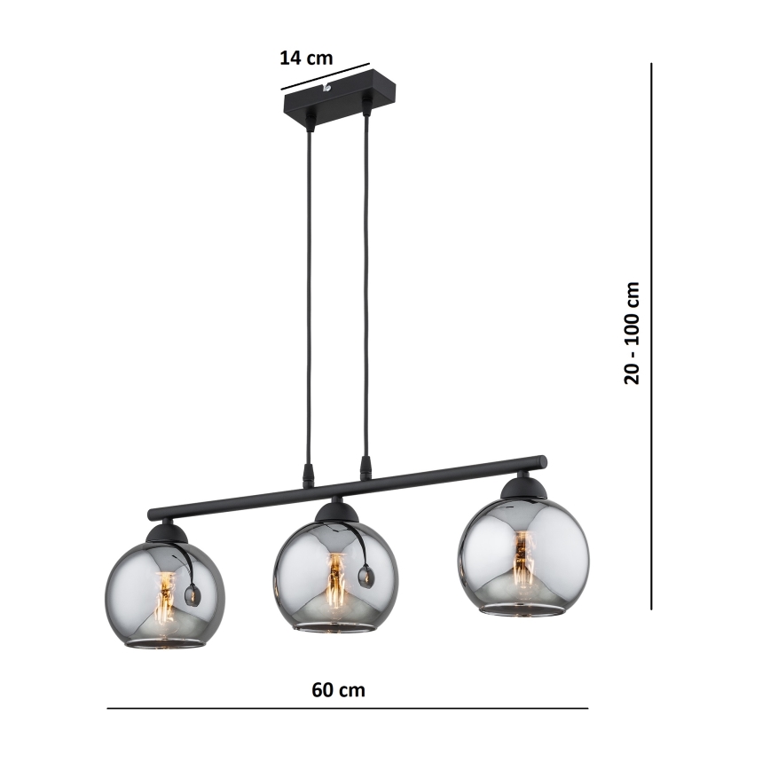 Brilagi - Κρεμαστό φωτιστικό με καλώδιο DIOR 3xE27/60W/230V μαύρο/καπνιστό γκρι