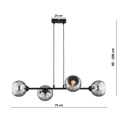Brilagi - Κρεμαστό φωτιστικό με καλώδιο DIOR 4xE27/60W/230V μαύρο/καπνιστό γκρι