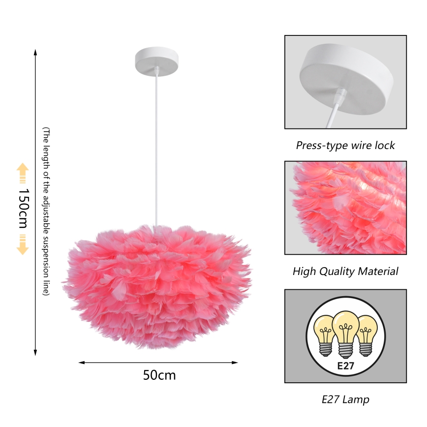 Brilagi - Κρεμαστό φωτιστικό με καλώδιο FEATHER 3xE27/40W/230V Ø 50 cm ροζ
