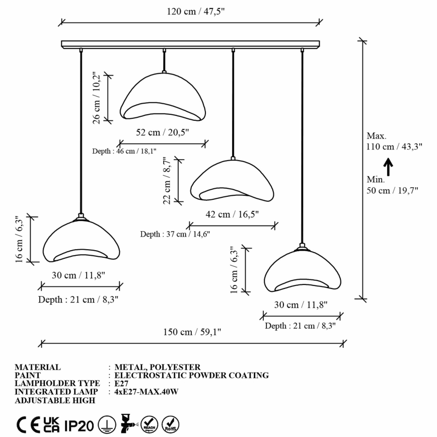 Brilagi - Κρεμαστό φωτιστικό με καλώδιο WABI SABI, 4xE27/40W/230V, λευκό