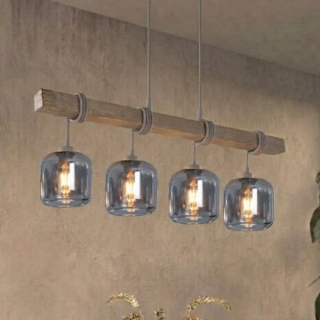 Brilagi - Κρεμαστό φωτιστικό με καλώδιο WOOD GLASS 4xE27/60W/230V από πεύκο/γκρί/καπνιστό γκρι