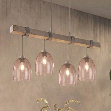 Brilagi - Κρεμαστό φωτιστικό με καλώδιο WOOD GLASS 4xE27/60W/230V, φινίρισμα πεύκου/γκρι/καπνιστό μπεζ