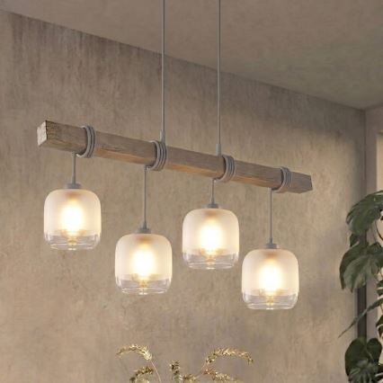 Brilagi - Κρεμαστό φωτιστικό με καλώδιο WOOD GLASS 4xE27/60W/230V πεύκο/γκρι/λευκό
