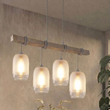 Brilagi - Κρεμαστό φωτιστικό με καλώδιο WOOD GLASS 4xE27/60W/230V πεύκο/γκρι/λευκό