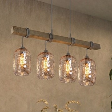 Brilagi - Κρεμαστό φωτιστικό με καλώδιο WOOD GLASS 4xE27/60W/230V πεύκο/γκρι/καπνιστό καφέ