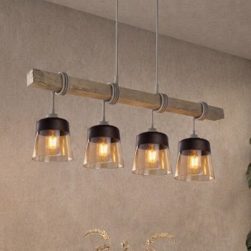 Brilagi - Κρεμαστό φωτιστικό με καλώδιο WOOD GLASS 4xE27/60W/230V πεύκο/γκρι/καπνιστό καφέ