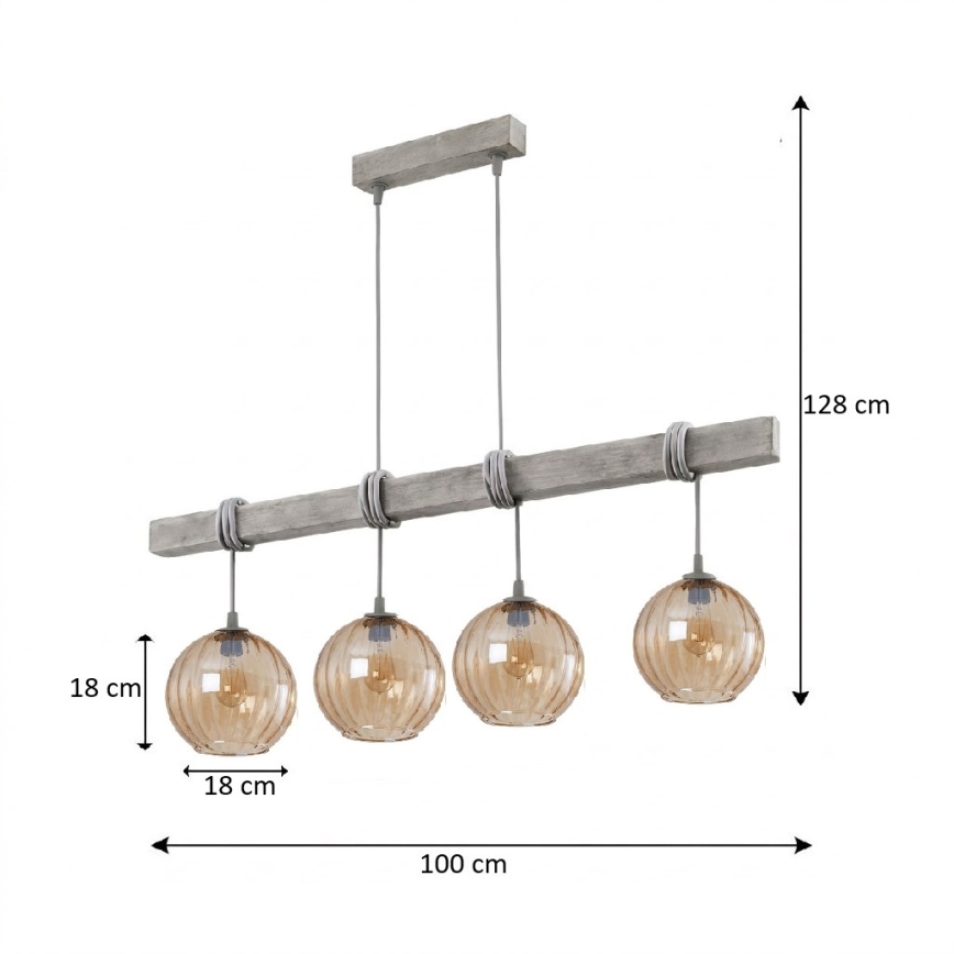 Brilagi - Κρεμαστό φωτιστικό με καλώδιο WOOD GLASS 4xE27/60W/230V πεύκο/γκρι/καπνιστό καφέ