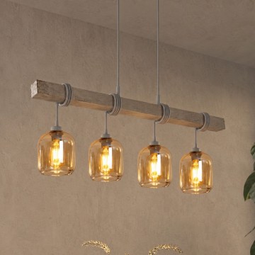 Brilagi - Κρεμαστό φωτιστικό με καλώδιο WOOD GLASS 4xE27/60W/230V πεύκο/γκρι/καπνιστό καφέ