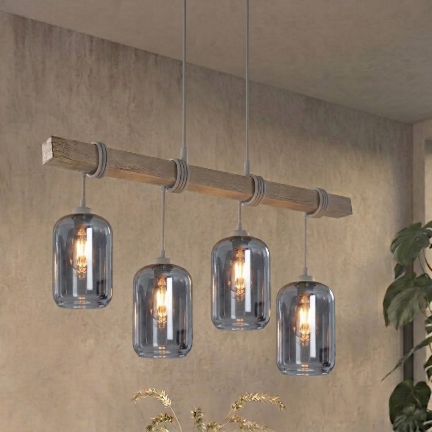 Brilagi - Φωτιστικό ανάρτησης με καλώδιο WOOD GLASS 4xE27/60W/230V πεύκο/γκρί/καπνιστό γκρι
