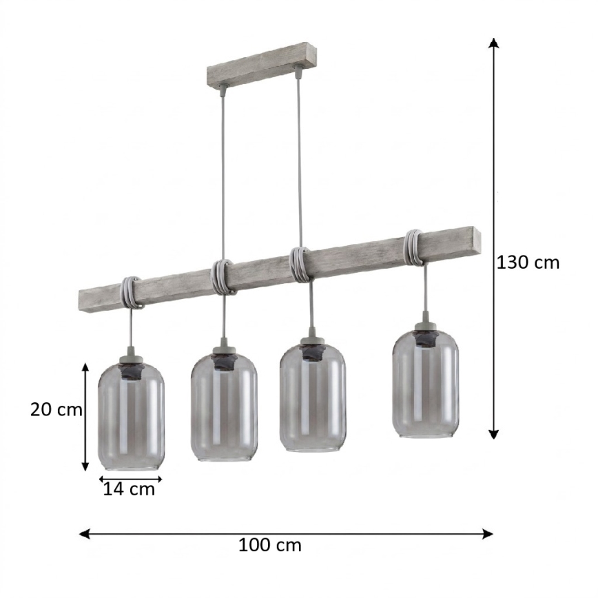 Brilagi - Φωτιστικό ανάρτησης με καλώδιο WOOD GLASS 4xE27/60W/230V πεύκο/γκρί/καπνιστό γκρι