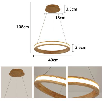 Brilagi - Κρεμαστό LED φωτιστικό με καλώδιο UMEA WOOD LED/30W/230V, Ø 40 cm, ξύλινο