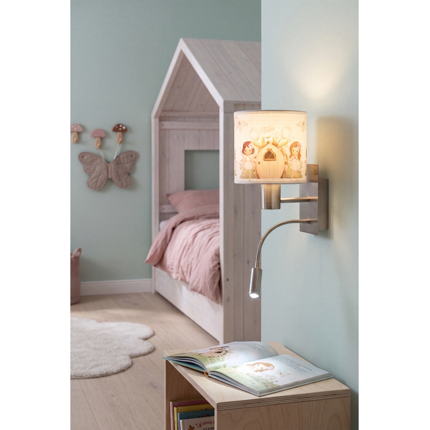 Brilagi - LED Παιδική ευέλικτη απλίκα τοίχου BOBO 1xE27/25W/230V + LED/3W ματ χρώμιο/λευκό/ροζ/νεράιδες