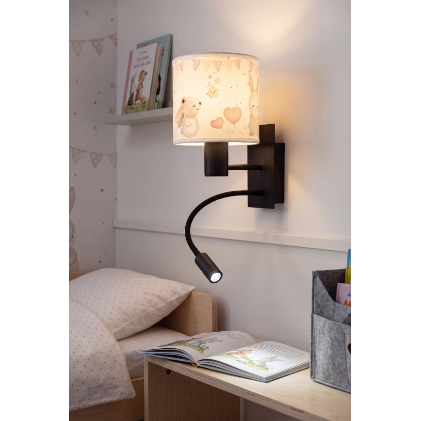 Brilagi - LED Παιδική ευέλικτη επιτοίχια λάμπα BOBO 1xE27/25W/230V + LED/3W μαύρο/κρεμ/κουνελάκια