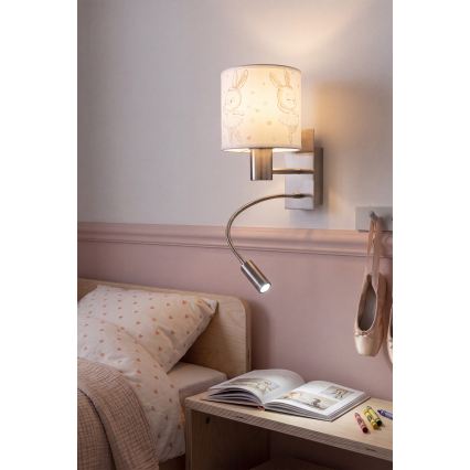 Brilagi - LED παιδική εύκαμπτη επιτοίχια λάμπα BOBO 1xE27/25W/230V + LED/3W ματ χρώμιο/λευκό/κουνελάκια