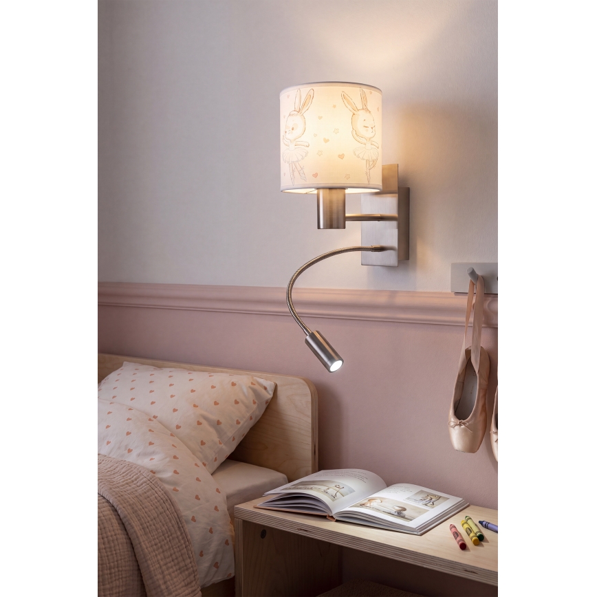 Brilagi - LED παιδική εύκαμπτη επιτοίχια λάμπα BOBO 1xE27/25W/230V + LED/3W ματ χρώμιο/λευκό/κουνελάκια