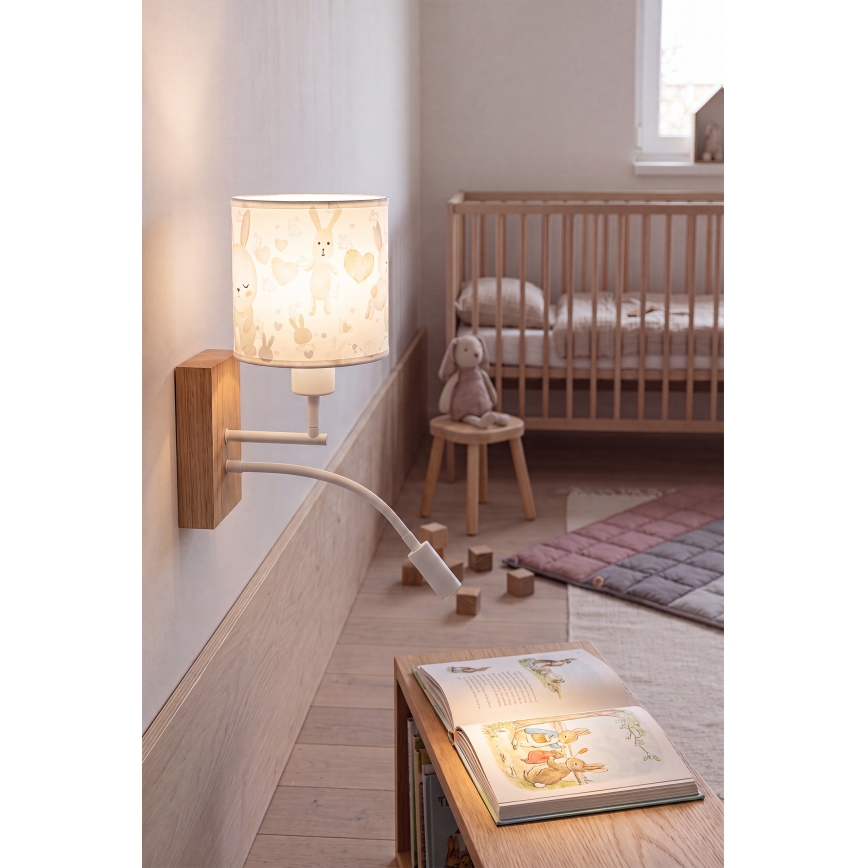 Brilagi - LED Παιδικό εύκαμπτο επιτοίχιο φωτιστικό BOBO WOOD 1xE27/25W/230V + LED/3W δρυς/λευκό/κουνελάκια