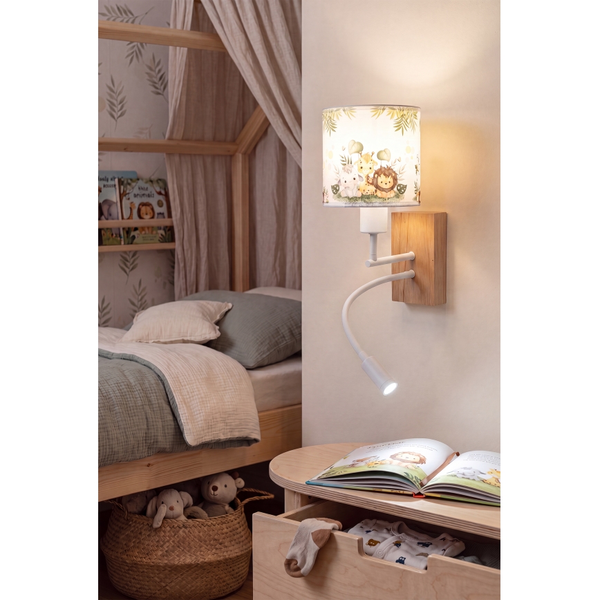 Brilagi - LED Παιδικό ευέλικτο φωτιστικό τοίχου BOBO WOOD 1xE27/25W/230V + LED/3W βελανιδιά/λευκό/πράσινο/ζούγκλα
