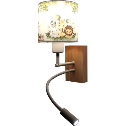 Brilagi - LED Παιδικό ευέλικτο φωτιστικό τοίχου BOBO WOOD 1xE27/25W/230V + LED/3W βελανιδιά/λευκό/πράσινο/ζούγκλα
