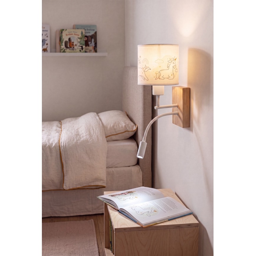 Brilagi - LED παιδική ευέλικτη επιτοίχια απλίκα BOBO WOOD 1xE27/25W/230V + LED/3W δρυς/λευκό/μονόκεροι