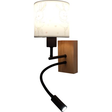 Brilagi - LED Παιδικό ευέλικτο επιτοίχιο φωτιστικό BOBO WOOD 1xE27/25W/230V + LED/3W βελανιδιά/μαύρο/λευκό/κουνελάκια