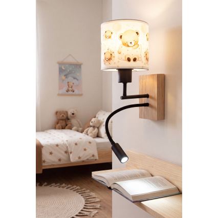 Brilagi - LED παιδικό ευέλικτο επιτοίχιο φωτιστικό BOBO WOOD 1xE27/25W/230V + LED/3W δρυς/μαύρο/λευκό/αρκουδάκια