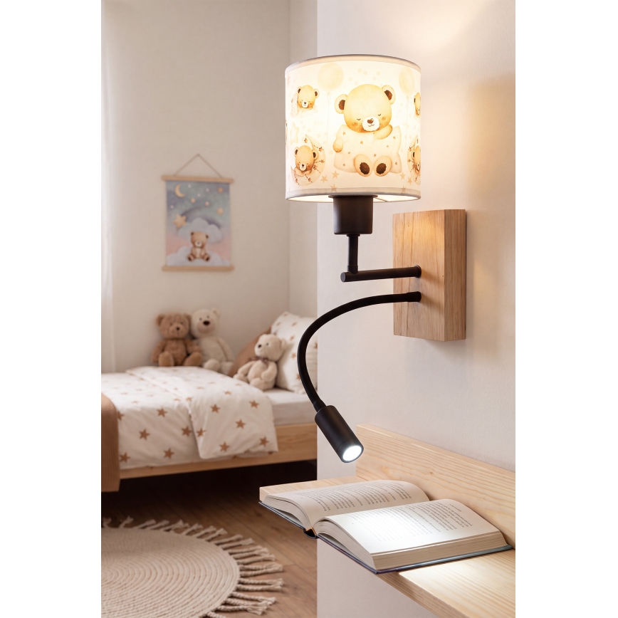 Brilagi - LED παιδικό ευέλικτο επιτοίχιο φωτιστικό BOBO WOOD 1xE27/25W/230V + LED/3W δρυς/μαύρο/λευκό/αρκουδάκια