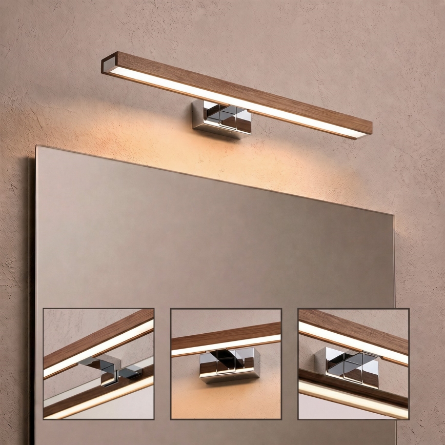 Brilagi - LED φωτισμός καθρέφτη μπάνιου WOODY MIRROR 3-σε-1 LED/12W/230V 60 cm IP44 γυαλιστερό χρώμιο/δρυς κερασιάς