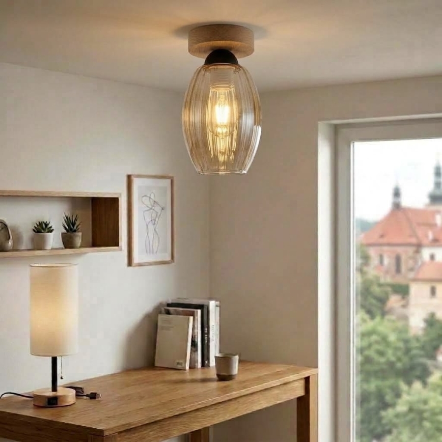 BRILAGI - LED Φωτιστικό οροφής RETRO GLASS 1xE27/60W/230V διάμ. 17 cm δρυς/καπνιστό μπεζ
