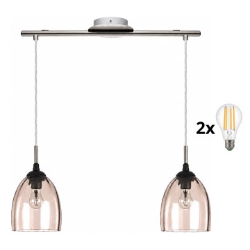 BRILAGI - LED φωτιστικό οροφής με καλώδιο RETRO GLASS 2xE27/60W/230V ματ χρώμιο/καπνιστό μπεζ