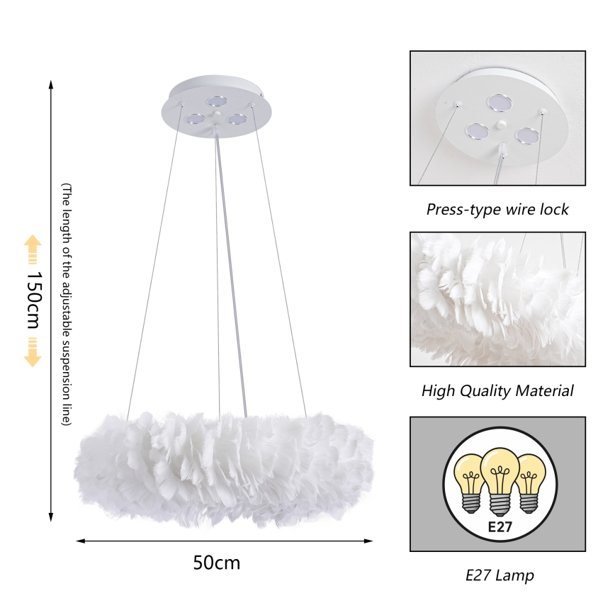 Brilagi - LED κρεμαστό φωτιστικό σε καλώδιο FEATHER 3xE27/40W/230V + 3xLED/3W διάμετρος 50 cm λευκό