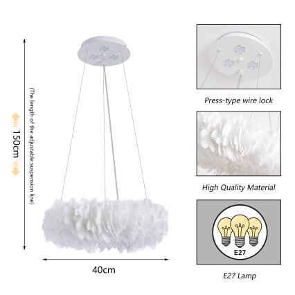 Brilagi - LED κρεμαστό φωτιστικό σε σύρμα FEATHER, 3x E27 (max. 40W)/230V + 3x LED 3W, Ø 40 cm, λευκό