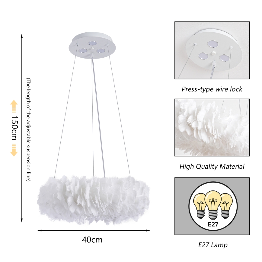 Brilagi - LED κρεμαστό φωτιστικό σε σύρμα FEATHER, 3x E27 (max. 40W)/230V + 3x LED 3W, Ø 40 cm, λευκό